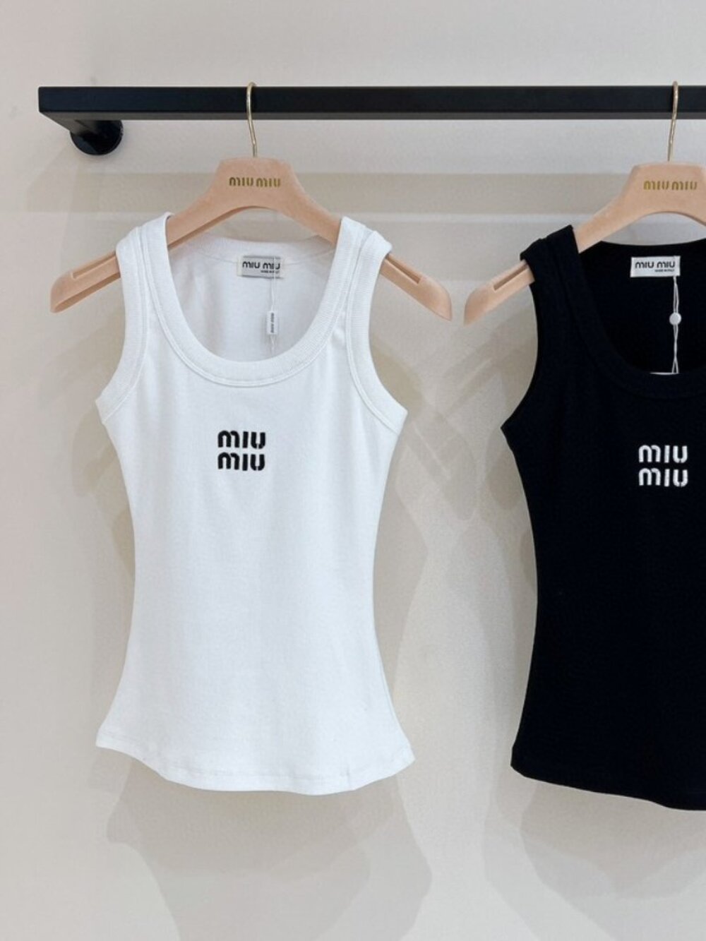 Authentic Miu Miu Ribbed U-Neck Sleeveless Tank Top Logo Embroidery